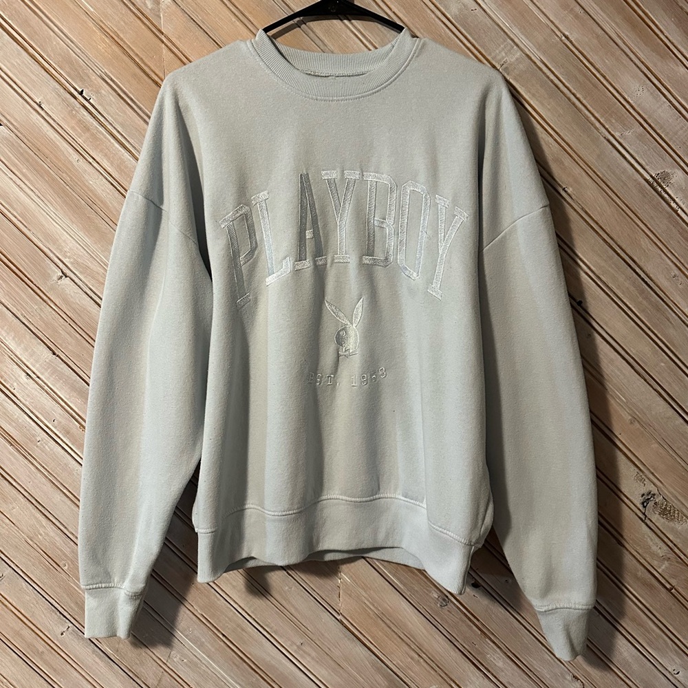 PLAYBOY Bunny Light Blue Embroidered Logo Crewneck Sweater Pullover